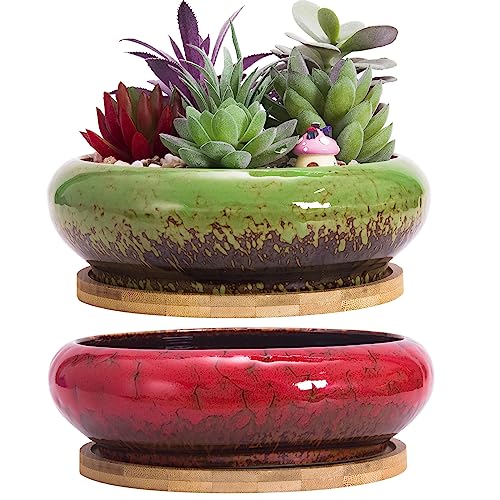ARTKETTY Sukkulentententöpfe – Große Sukkulenten-Pflanzgefäße mit Drainage, 18 cm Keramik-Bonsai-Töpfe mit Bambus-Tablett, 2er-Set, flache Kaktus-Blumen-Pflanzschale für den Innenbereich von ARTKETTY