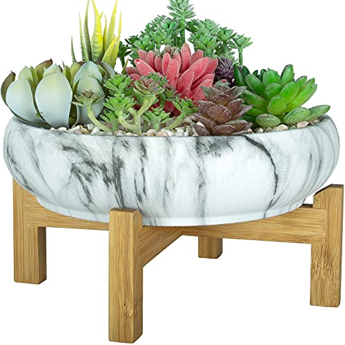 ARTKETTY Sukkulentententopf, großer Sukkulenten-Übertopf mit Drainage, runder Marmor-Bonsai-Topf Bambusständer, für Kaktuspflanzen Dekorative Blumen-Übertopf Schüssel Home Office, Weiß/Schwarz von ARTKETTY