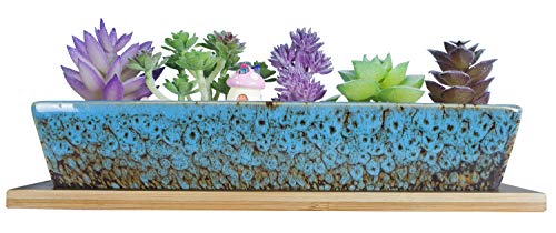 ARTKETTY 24,8 cm große Keramik-Sukkulenten-Übertöpfe, modern, lang, rechteckig, mit Bambus-Tabletts, Mini-Kaktus-Bonsai-Fensterkasten mit Drainage, für Innen- und Außenbereich, Heimdekoration (blau) von ARTKETTY