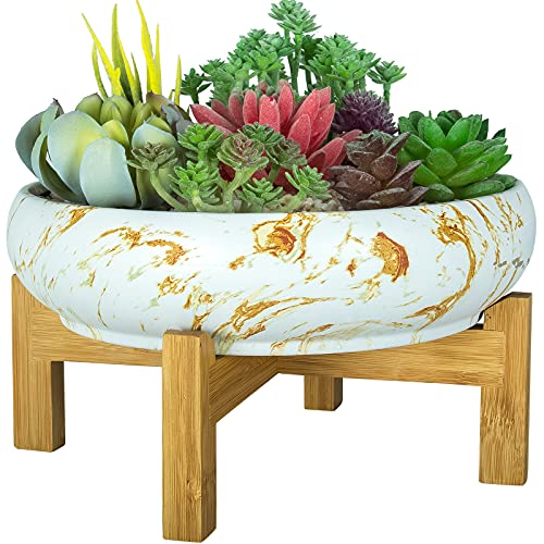 ARTKETTY Großer Sukkulenten-Pflanzgefäß, 25,4 cm Keramik-Sukkulententopf mit Drainage, Marmor-Bonsai-Topf mit Ständer, Blumenpflanzgefäß, Schüssel für Indoor/Outdoor, Sukkulenten, Kaktus von ARTKETTY