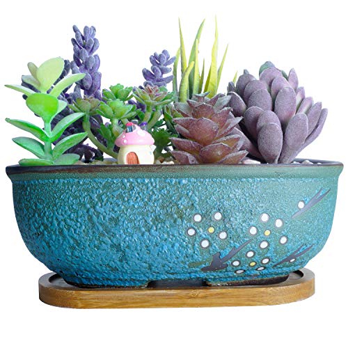 Artketty Keramik Sukkulente Pflanzgefäße ， 7,9 Zoll Moderner rechteckiger Bonsai-Topf mit Drainageloch Kleiner glasierter Blumenkaktus-Pflanzgefäß, Hausgarten-Fensterbox mit Bambusschale (7,9 '' blau) von ARTKETTY