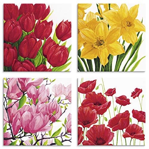 ARTLAND Blumenbilder Leinwandbilder Set 4tlg. je 20x20 cm Quadratisch Wandbilder Blumen Blüten Tulpen Narzissen Magnolie Mohnblumen U1OB von ARTLAND