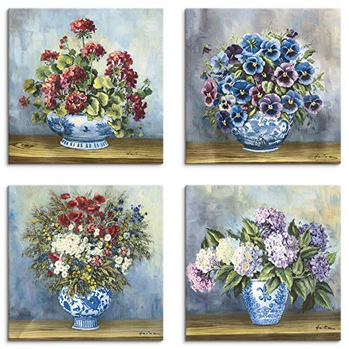 ARTLAND Blumenbilder Leinwandbilder Set 4tlg. je 20x20 cm Quadratisch Wandbilder Natur Blumen Blau Bouqets A6OM von ARTLAND