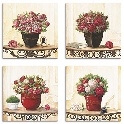 ARTLAND Blumenbilder Leinwandbilder Set 4tlg. je 20x20 cm Quadratisch Wandbilder Natur Blumen Creme Hortensien Nelken Rosen Pfingstrosen K2JQ von ARTLAND