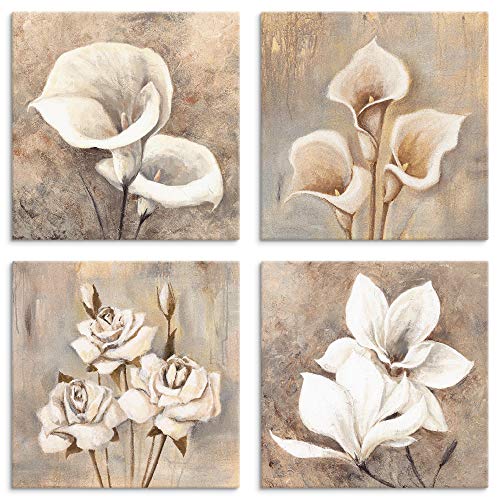 ARTLAND Blumenbilder Leinwandbilder Set 4tlg. je 30x30 cm Quadratisch Wandbilder Blumen Blüten Calla Rosen Magnolie Shabby Landhaus U1OA von ARTLAND