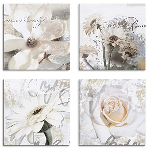 ARTLAND Wanddeko Blumenbilder Leinwand Bilder Set 4tlg. je 40x40 cm Quadratisch Wandbilder Natur Blumen Weiß Magnolie Gerberas Rosen in Buchstaben K2UD von ARTLAND
