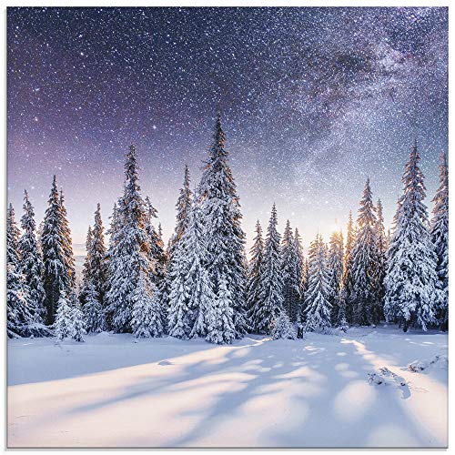 Glasbilder Wandbild Glas Bild einteilig 40x40 cm Quadratisch Winterlandschaft Wald Tannenbaum Natur Sternenhimmel Winter U1TO ARTland von ARTLAND