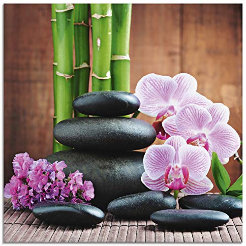 ARTland Glasbilder Wandbild Glas Bild einteilig 50x50 cm Quadratisch Natur Asien Wellness Zen Steine Blumen Blüten Orchideen Bambus Pink T5OO von ARTLAND