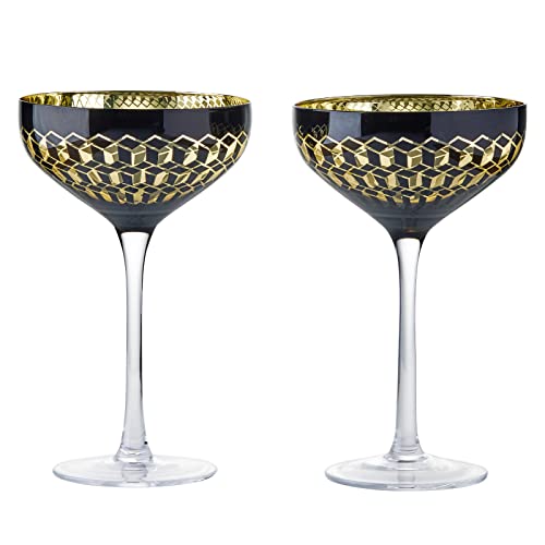 ARTLAND - Kubik -Champagner -Untertassen - Champagnergläserset 2 - hoher Stiel - Handgefertigt, Mund, blasendes Weinglas - schwarzes Goldkubikdesign von ARTLAND