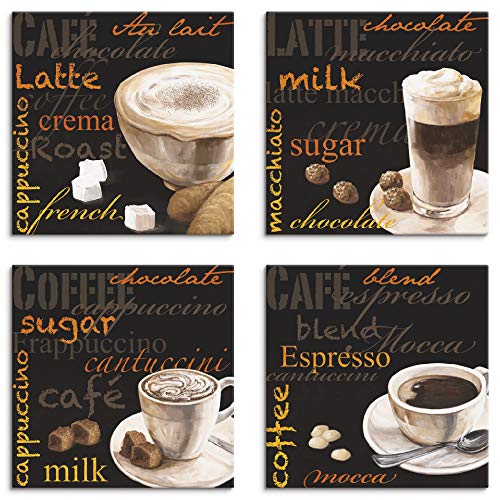 ARTLAND Küchenbilder Leinwandbilder Set 4 teilig je 30x30 cm Quadratisch Kaffee Bilder Cappuccino Macchiato Coffee Espresso A6PN von ARTLAND