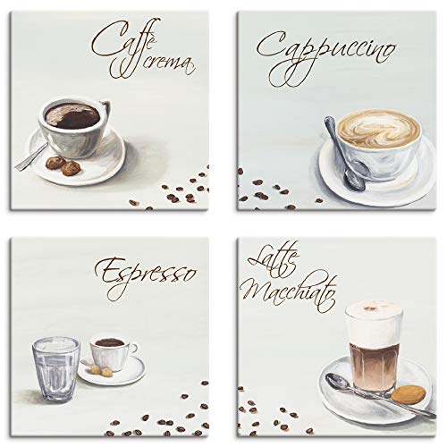 ARTLAND Küchenbilder Leinwandbilder Set 4 teilig je 30x30 cm Quadratisch Kaffee Bilder Getränke Kaffee Cappuccino Espresso Latte Macchiato A6PT von ARTLAND