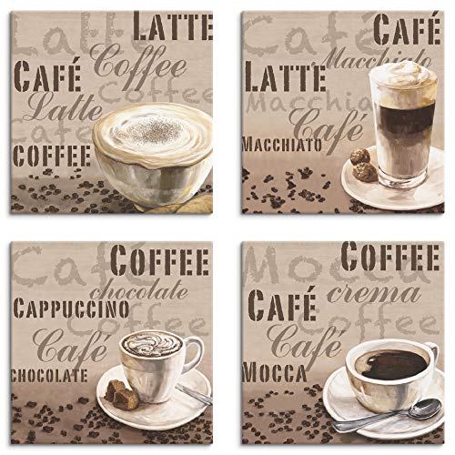 ARTLAND Küchenbilder Leinwandbilder Set 4 teilig je 30x30 cm Quadratisch Kaffee Bilder Milchkaffee Latte Macchiato A6PL von ARTLAND