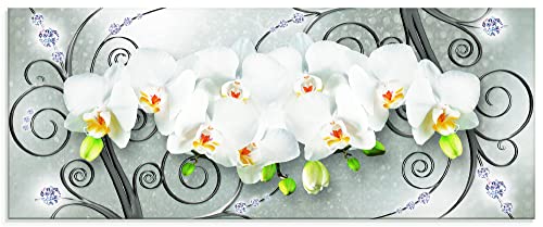 ARTLAND Küchenrückwand Glas mit Motiv Spritzschutz 125x50 cm Pflanzen Blumenbilder Digitale Kunst Grau Weiße Orchideen auf Ornamenten U1QV von ARTLAND