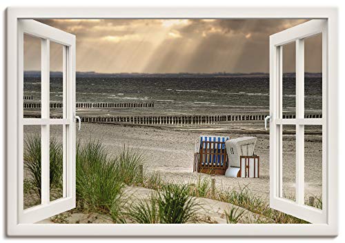 ARTLAND Wanddeko Leinwand Bilder Wandbild 100x70 cm Fensterblick Fenster Strand Düne Meer Maritim Strandkorb Küste Insel T6AM von ARTLAND