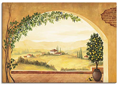 Artland Leinwandbild Wandbild Bild auf Leinwand 100x70 cm Wanddeko Fensterblick Fenster Toskana Landschaft Italien Aussicht Mediterran T4MP von ARTLAND