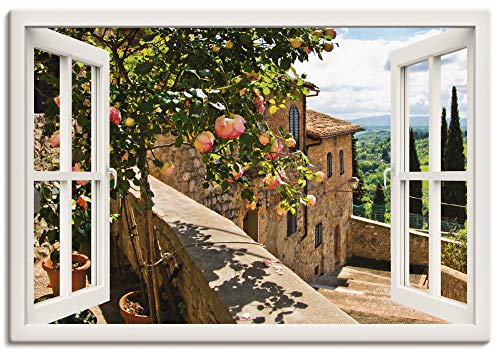 Artland Leinwandbild Wandbild Bild auf Leinwand 130x90 cm Wanddeko Fensterblick Fenster Toskana Landschaft Garten Rosen Balkon Natur T5QC von ARTLAND