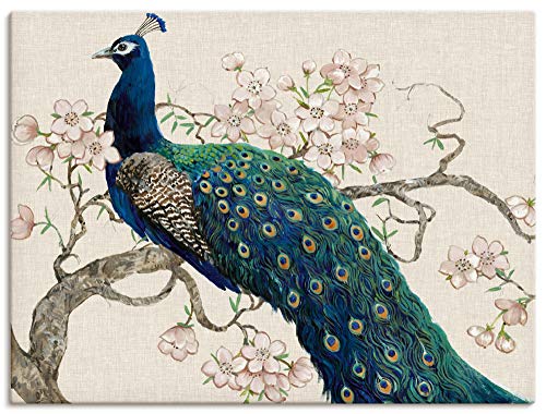 ARTland Leinwandbilder Wandbild Bild auf Leinwand 60x45 cm Wanddeko Pfau Kirschblüten Asien Blumen Blüten Tiere Vögel Shabby Chic T2PK von ARTLAND