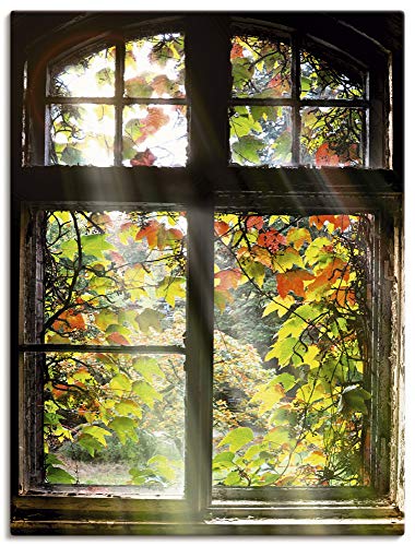 Artland Leinwandbild Wandbild Bild auf Leinwand 60x80 cm Wanddeko Fensterblick Fenster Herbst Natur Landschaft Altbau Sonne Baum T5XH von ARTLAND