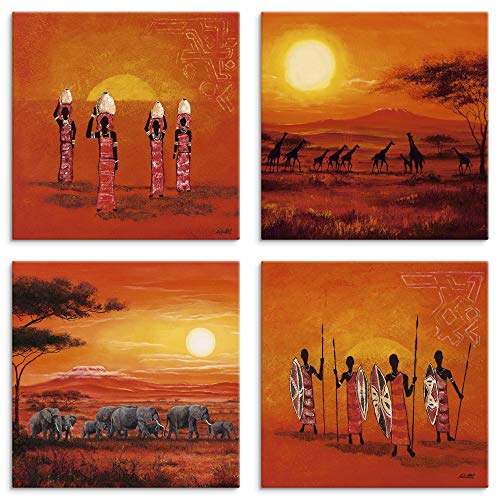 ARTLAND Leinwandbilder Natur Set 4 tlg. je 20x20 cm Quadratisch Wandbilder Afrika Safari Landschaft Elefanten Giraffen Sonnenuntergang U1OG von ARTLAND