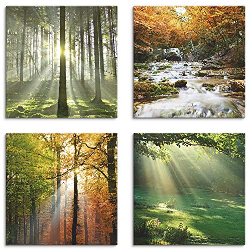 ARTLAND Leinwandbilder Natur Set 4 tlg. je 20x20 cm Quadratisch Wandbilder Landschaft Herbst Wald Grün Wasserfall Herbsttag S6MK von ARTLAND
