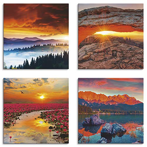 ARTLAND Leinwandbilder Natur Set 4 tlg. je 20x20 cm Quadratisch Wandbilder Landschaft Sonnenaufgang Lotus Sommer K2GU von ARTLAND