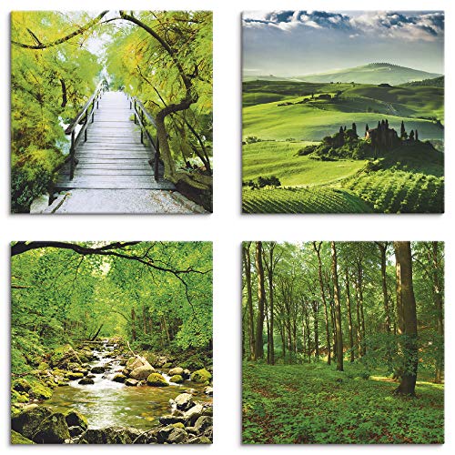 ARTLAND Leinwandbilder Natur Set 4 tlg. je 20x20 cm Quadratisch Wandbilder Landschaft Wiese Bäume Japan Brücke K2EU von ARTLAND