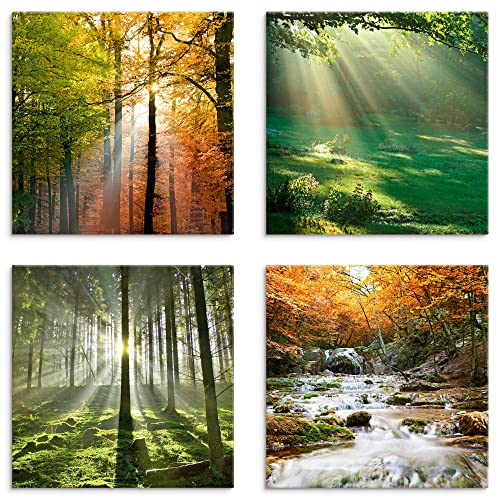 ARTLAND Leinwandbilder Natur Set 4 tlg. je 20x20 cm Quadratisch Wandbilder Natur Waldbilder Herbst Wald U2YC von ARTLAND