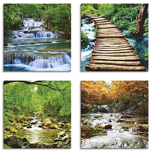 ARTLAND Leinwandbilder Natur Set 4 tlg. je 30x30 cm Quadratisch Wandbilder Landschaft Gewässer Wasserfall Herbst Wald Fluss S6GL von ARTLAND