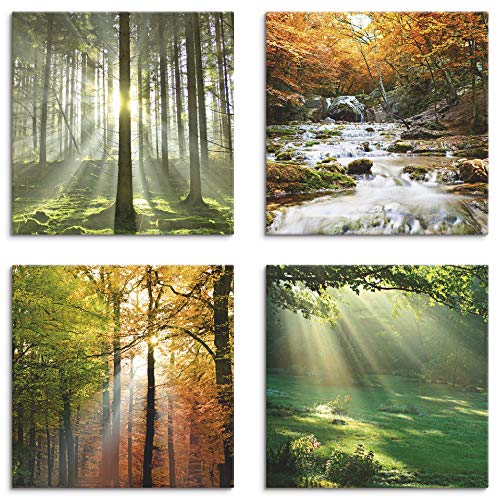 ARTLAND Leinwandbilder Natur Set 4 tlg. je 30x30 cm Quadratisch Wandbilder Landschaft Herbst Wald Grün Wasserfall Herbsttag S6MK von ARTLAND