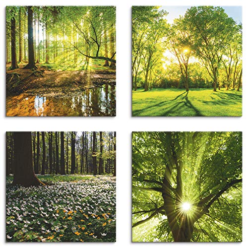 ARTLAND Leinwandbilder Natur Set 4 tlg. je 30x30 cm Quadratisch Wandbilder Landschaft Wald Bach Frühling Sonne Baum K2FR von ARTLAND