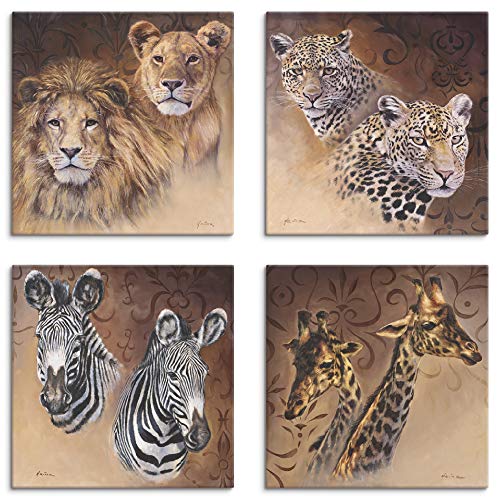 ARTLAND Leinwandbilder Set 4tlg. je 30x30 cm Quadratisch Wandbilder Tiermotive Afrika Löwen Leoparden Zebra Giraffen A6OX von ARTLAND