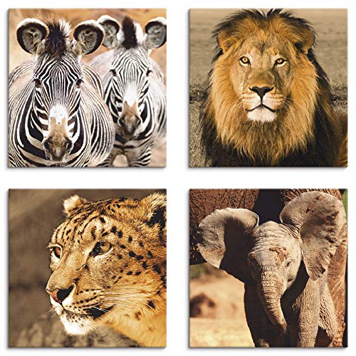 ARTLAND Leinwandbilder Set 4tlg. je 30x30 cm Quadratisch Wandbilder Tiermotive Afrika Zebras Löwe Schneeleopard Elefanten C1RD von ARTLAND