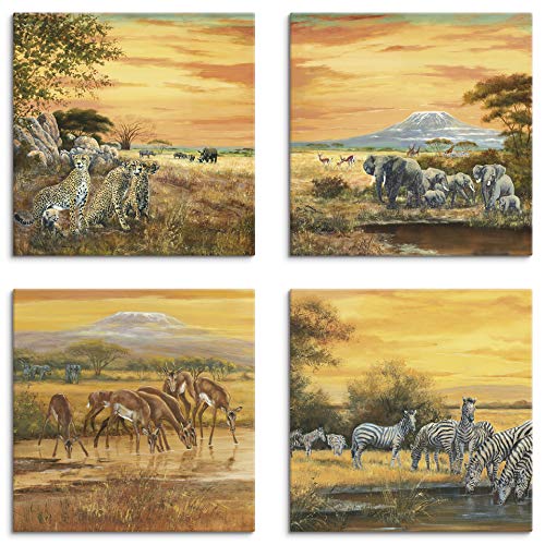 ARTLAND Leinwandbilder Set 4tlg. je 30x30 cm Quadratisch Wandbilder Tiermotive Geparden Elefanten Zebras Steppe Afrika K2KL von ARTLAND