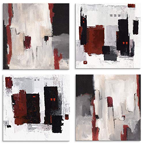 ARTLAND Leinwandbilder auf Holz Wandbild Bild Set 4 teilig je 30x30 cm Abstrakte Kunst Malerei Modern Abstrakt Art Skandinavisch Rot Grau U1OD von ARTLAND