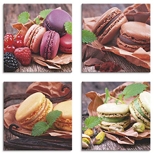 ARTLAND Küchenbilder Leinwandbilder Set 4 teilig je 30x30 cm Quadratisch Wandbilder Macarons K2WK von ARTLAND