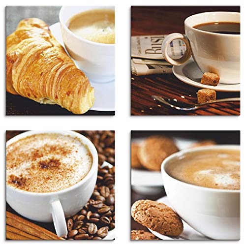 ARTLAND Küchenbilder Leinwandbilder Set 4 teilig je 30x30 cm Quadratisch Kaffee Bilder Kaffeetassen Zeitung Milchkaffee D1GU von ARTLAND