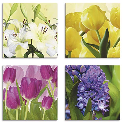 ARTLAND Blumenbilder Leinwandbilder Set 4tlg. je 30x30 cm Quadratisch Wandbilder Natur Blumen Tulpen Wiese Lilien Hyazinthe D3DQ von ARTLAND