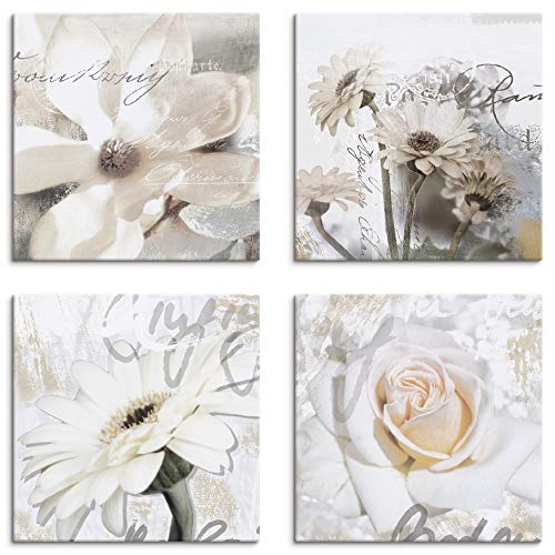 ARTLAND Blumenbilder Leinwandbilder Set 4tlg. je 30x30 cm Quadratisch Wandbilder Natur Blumen Weiß Magnolie Gerberas Rosen in Buchstaben K2UD von ARTLAND