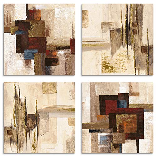 ARTLAND Leinwandbilder auf Holz Wandbild Bild Set 4 teilig je 40x40 cm Abstrakte Kunst Malerei Modern Abstrakt Art Skandinavisch Gold U1OE von ARTLAND