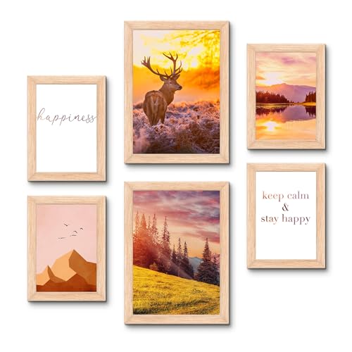 ARTLAND Premium Poster Set gerahmte Bilder AUFHÄNGEFERTIG 6er Set mehrteilig 2x 34,7x47cm + 4x 37x26cm moderne Deko Bilderwand in Wohnzimmer Schlafzimmer MIT RAHMEN - Natur im Sonnenuntergang von ARTLAND