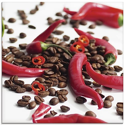 ARTland Glasbilder Wandbild Glas Bild einteilig 50 x 50 cm Ernährung Genuss Lebensmittel Gewürz Foto Rot Frische Chili auf Kaffee S5MT von ARTLAND