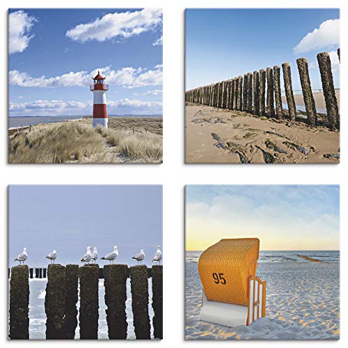 ARTLAND Strandbilder Leinwandbilder Set 4 tlg. je 20x20 cm Quadratisch Wandbilder Landschaft Strand Leuchtturm Sylt Vogel Möve Strandkorb K2YI von ARTLAND