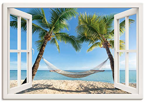 ARTLAND Wanddeko Leinwand Bilder Wandbild 130x90 cm Fensterblick Fenster Strand Karibik Meer Palmen Hängematte Südsee T4TQ von ARTLAND