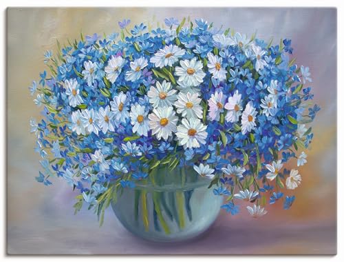 ARTLAND Wanddeko Leinwand Bilder Wandbild 80x60 cm Stillleben Vase Glas Pflanzen Blau Blumen Blüten U4QC von ARTLAND