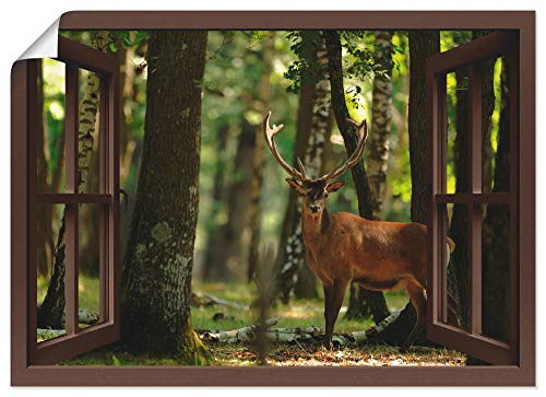 ARTLAND Wanddeko Poster & Kunstdrucke Wandposter 100x70 cm Fensterblick Hirsch 4 Wald T5YQ von ARTLAND