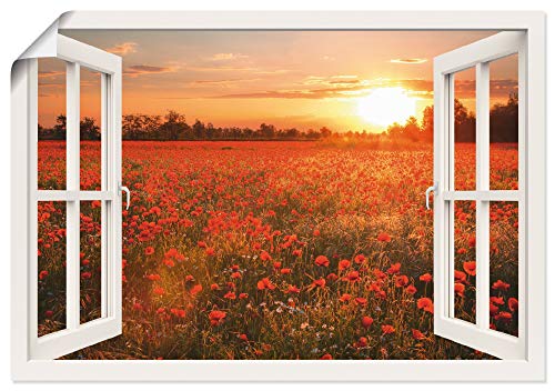 ARTLAND Wanddeko Poster & Kunstdrucke Wandposter Fensterblick Fenster Natur Botanik Blumen Mohnblumen Sonnenuntergang T5ZO von ARTLAND