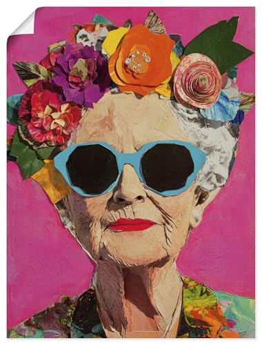 ARTLAND Wanddeko Poster & Kunstdrucke Wandposter 90x120 cm Porträt alte Frau mit Sonnenbrille Blumen Farben Collage U5MQ von ARTLAND