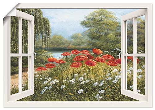 ARTLAND Wanddeko Poster & Kunstdrucke Wandposter Fensterblick Landschaft Blumen Mohnblumen See Blumenwiese Natur F7EN von ARTLAND