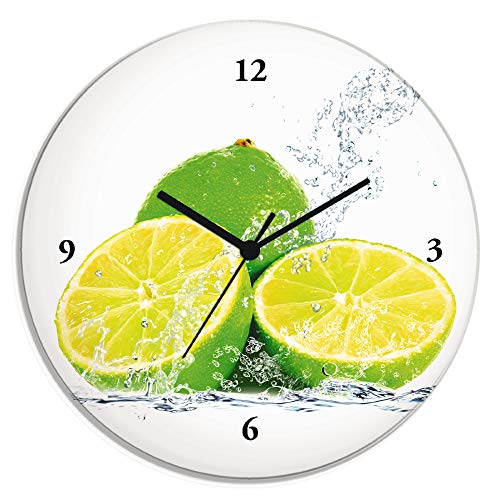 ARTLAND Wanddeko Wanduhr ohne Tickgeräusche Glas Funkuhr Ø 30 cm Rund Lautlos Obst Früchte Limette im Wasser Modern Food T5SN von ARTLAND
