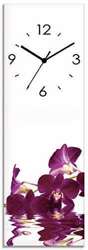 ARTLAND Wanddeko Wanduhr ohne Tickgeräusche Glas Quarzuhr 20x60 cm Rechteckig Lautlos Orchidee Blumen Blüten Asiatisch Modern Natur Design S7NF von ARTLAND